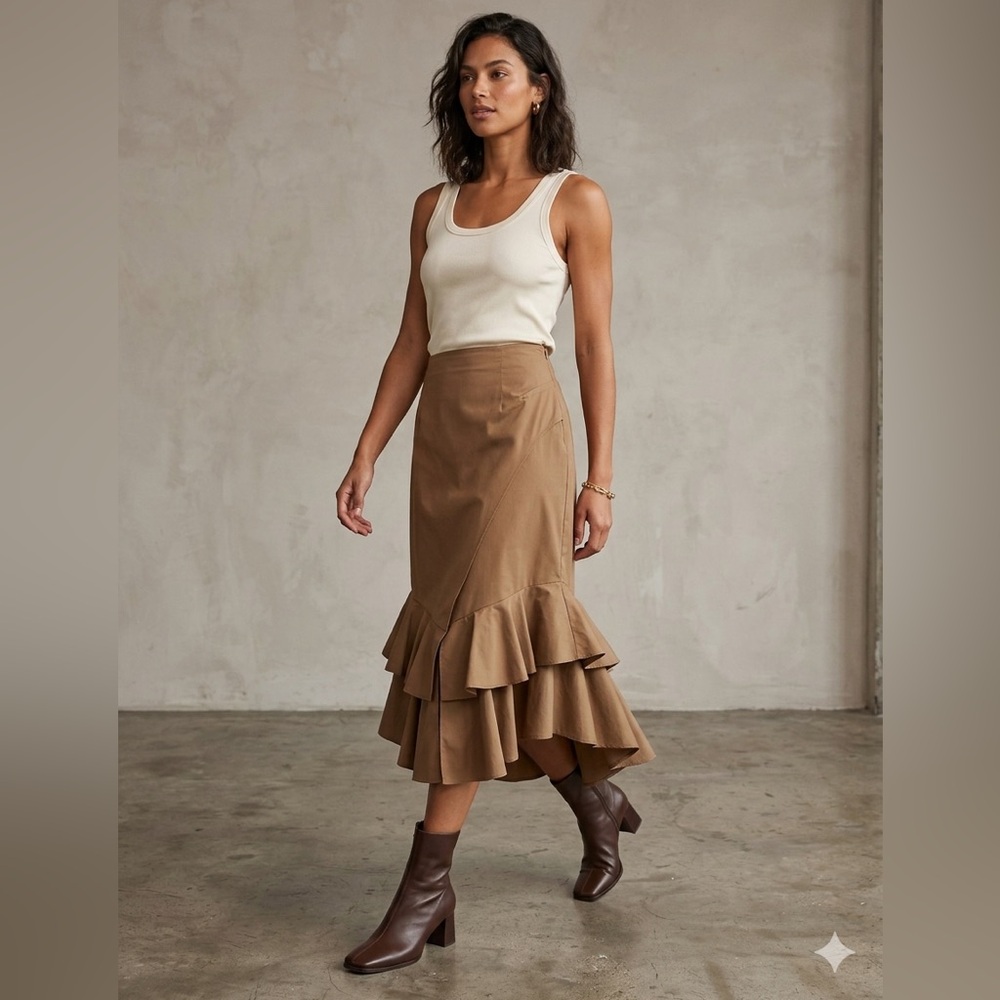 Worthington Camel Tiered High-Low Ruffle Midi Skirt